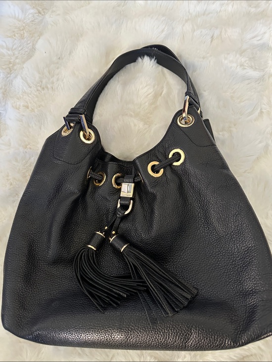 Michael Kors Handbags - Michael Kors Black Pebbled Leather Tassel Shoulder Bag with Gold Hardware